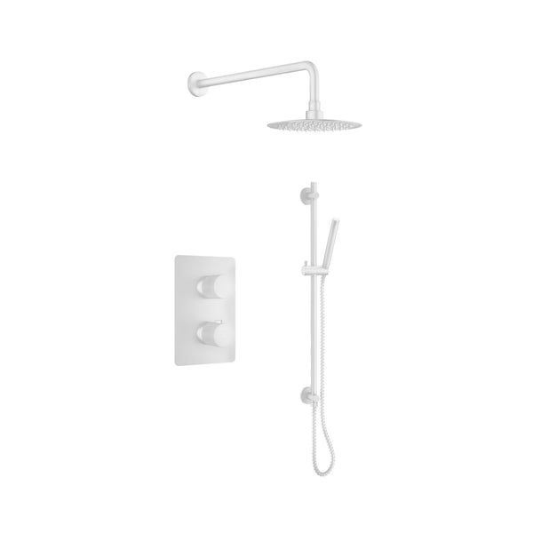 Thermostatic Shower Set Including Shower Head, Handshower On Rail And Valve In Matte White