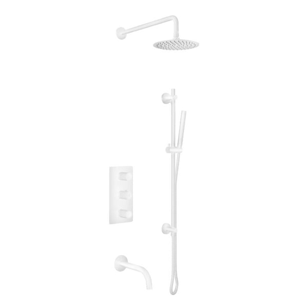 Matte White Thermostatic Shower / Tub Set Including Shower Head, Handshower On Rail, Valve And Spout